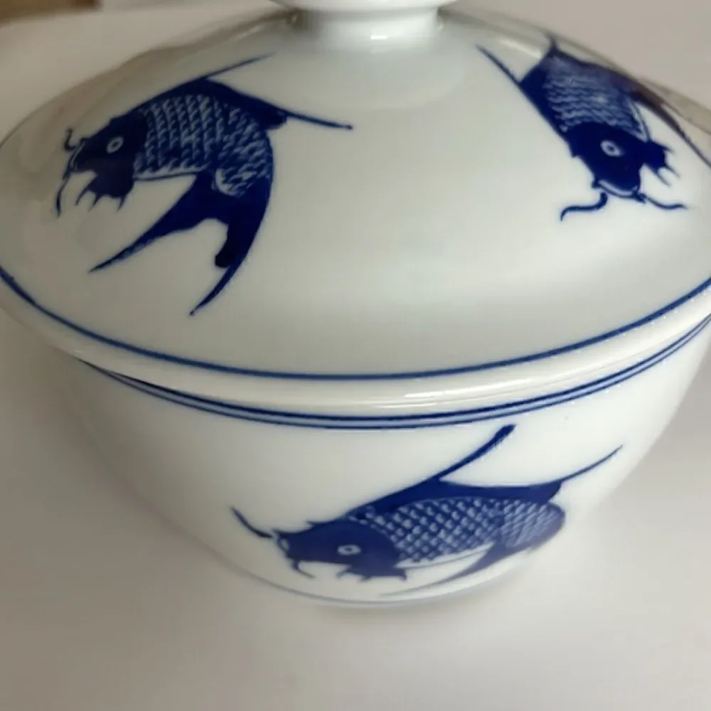 Chinese Koi Fish Serving Bowl With Lid Ceramic Blue White